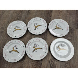 World Market REINDEER - JOY 8" Dessert Plate Set of 6 Christmas Porcelain
